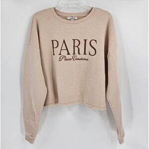 Francescas Paris Place Vendome Embroidered Fray Hem Crop Tan Sweatshirt Sz L